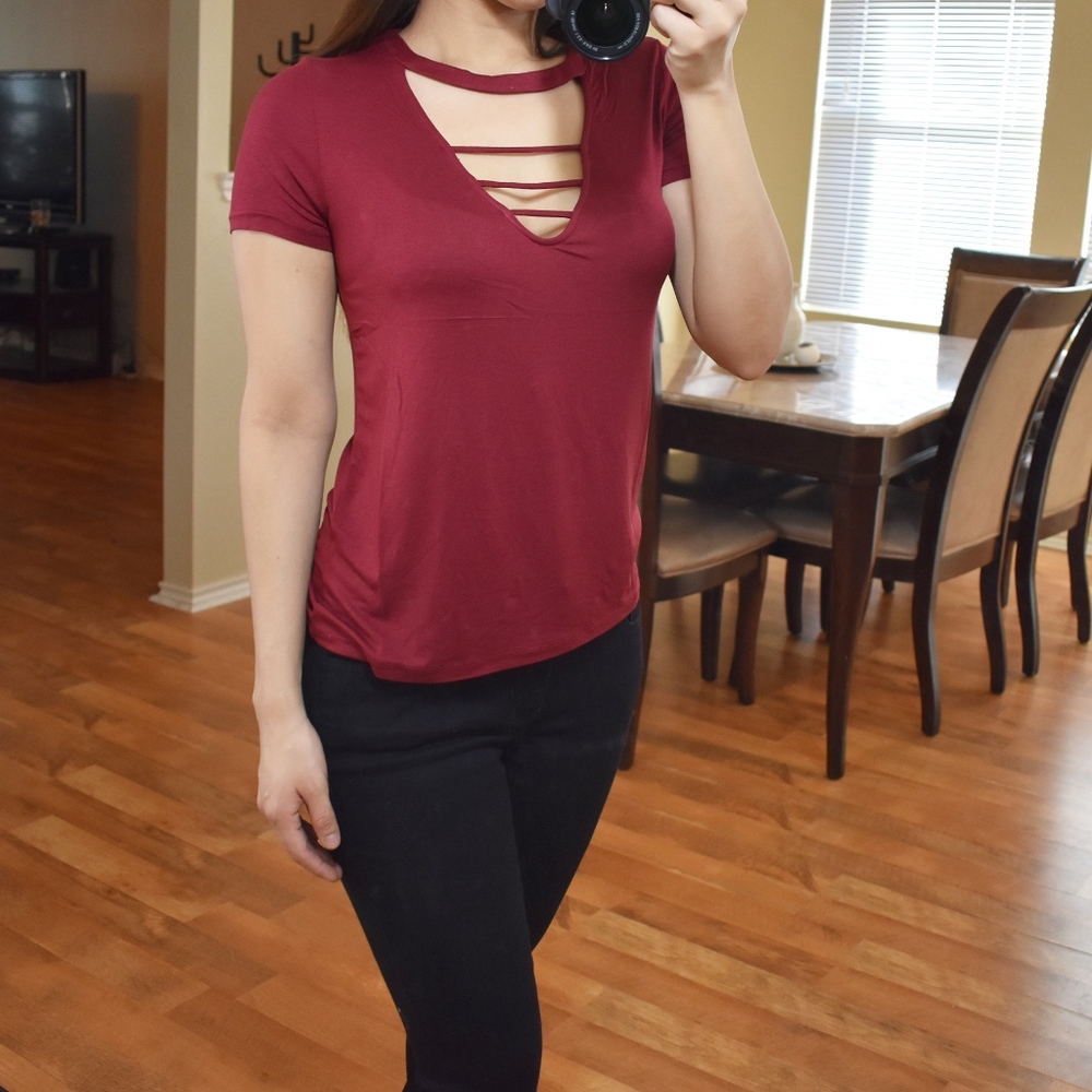 Burgundy Stripes Short Sleeve Top